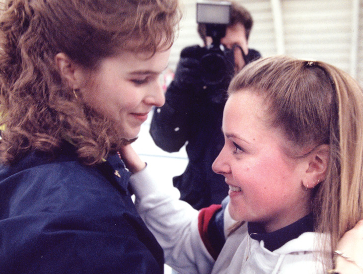 Jennifer Jones and Kelly MacKenzie chat after the Manitoba junior womens final - photo 6