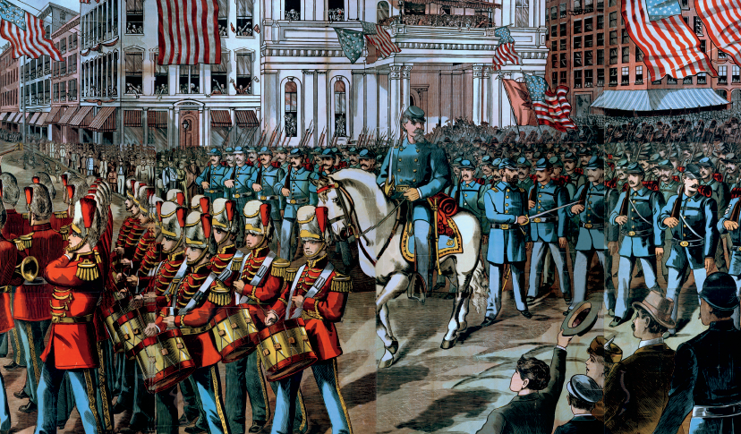 A poster created around 1880 shows Union soldiers marching through a city - photo 6