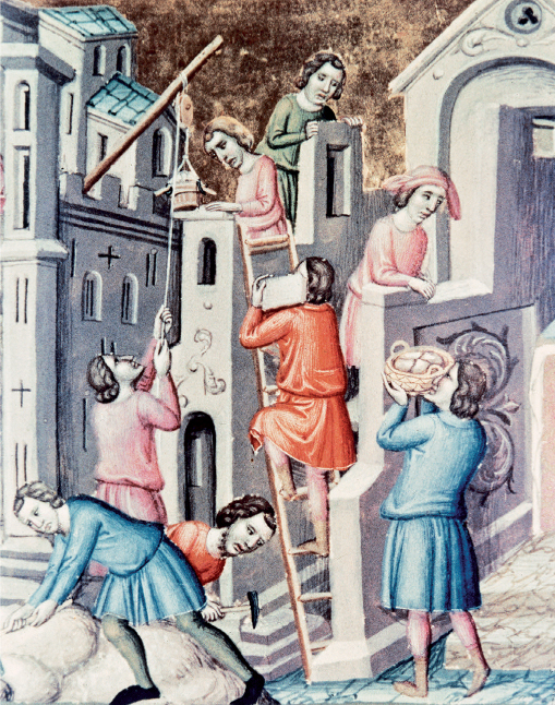 A 15th-century scene from a medieval manuscript showing labourers constructing - photo 5