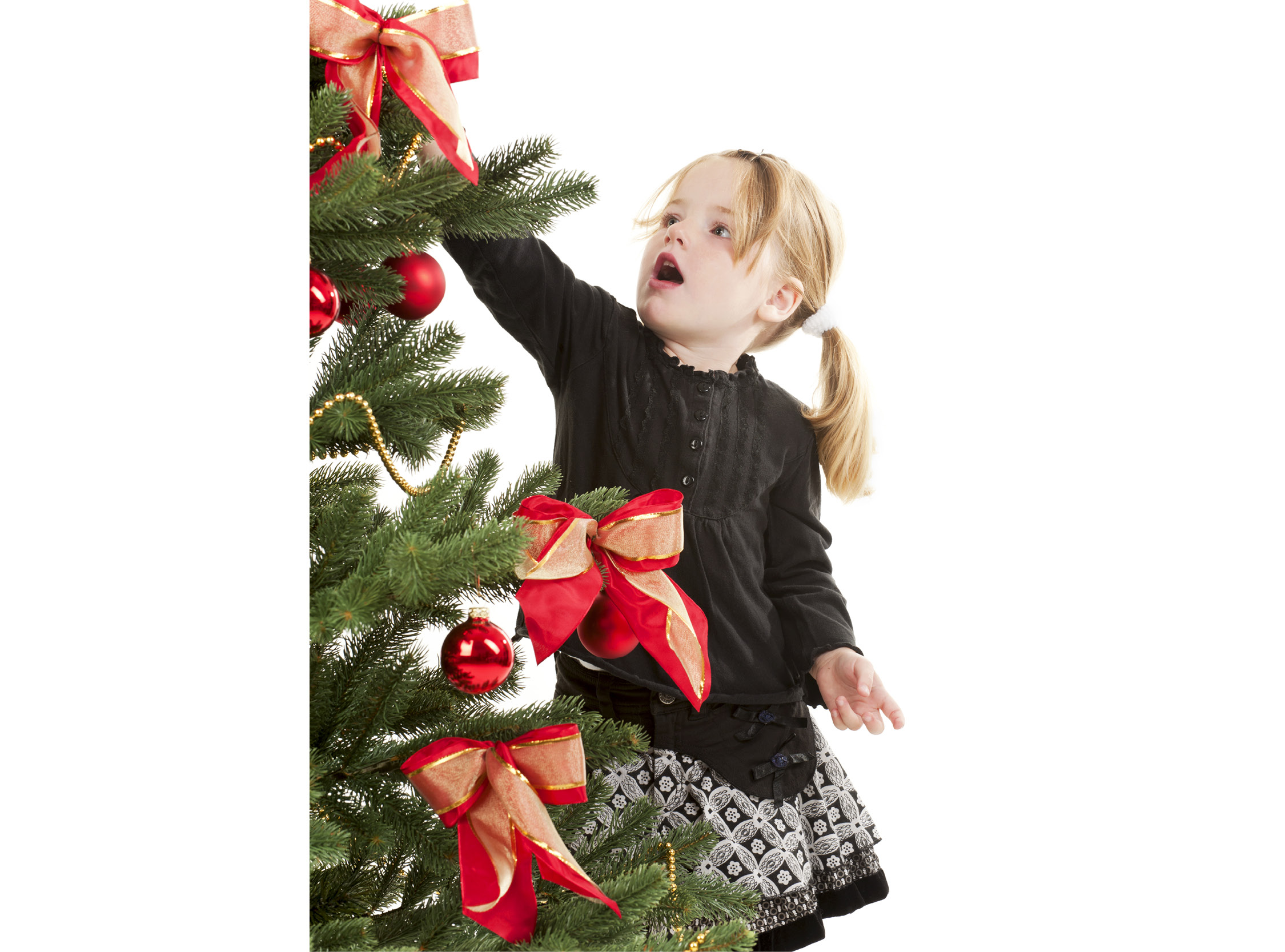 This tree is being decorated with red ornaments and bows Long strands of gold - photo 3