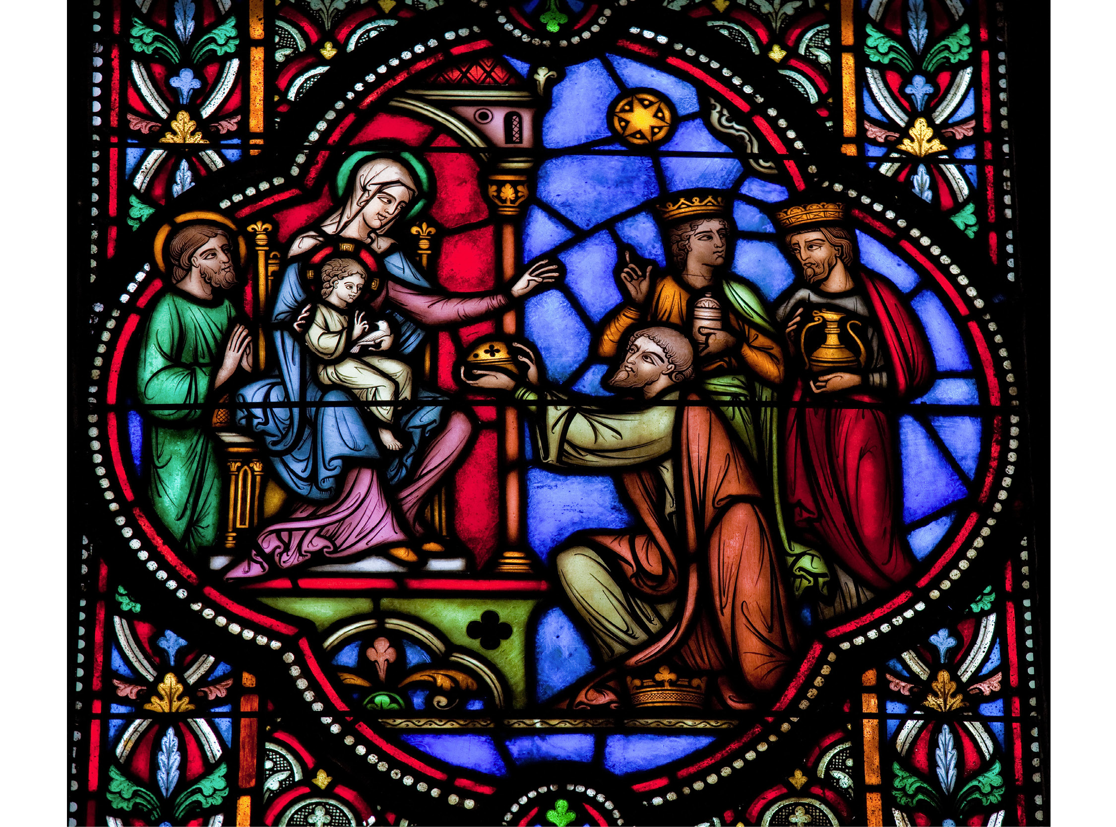 This stained glass window tells the story of the Nativity The three wise men - photo 16