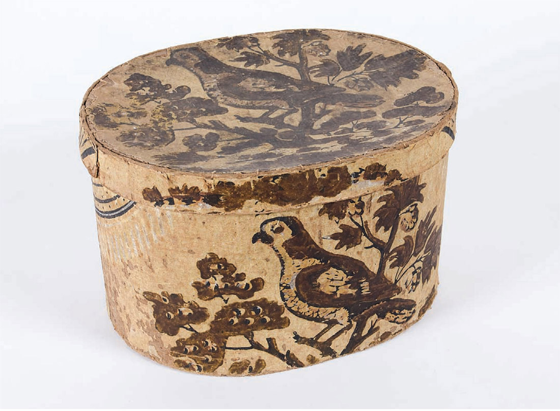 A bandbox covered by hand-block-printed wallpaper of a bird perched in a tree - photo 7