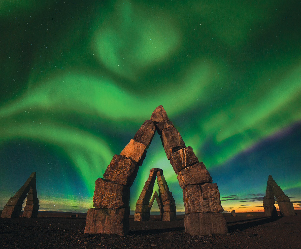 Colorful Northern Lights aurora borealis shimmering above the Arctic Henge a - photo 17