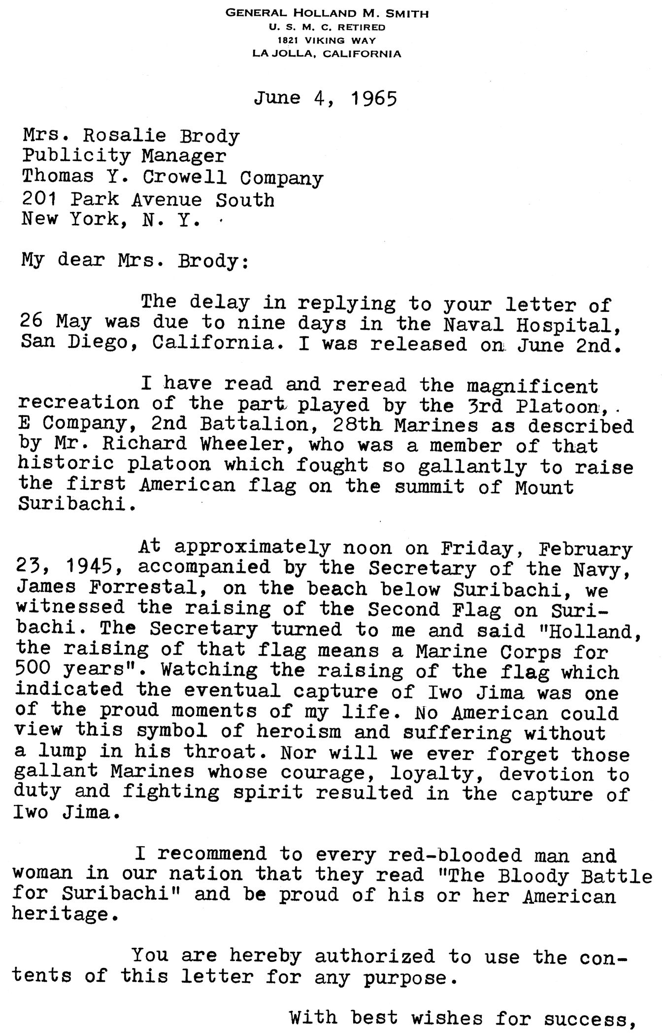 1965 letter to the authors publisher by Iwos top Marine commander General - photo 13