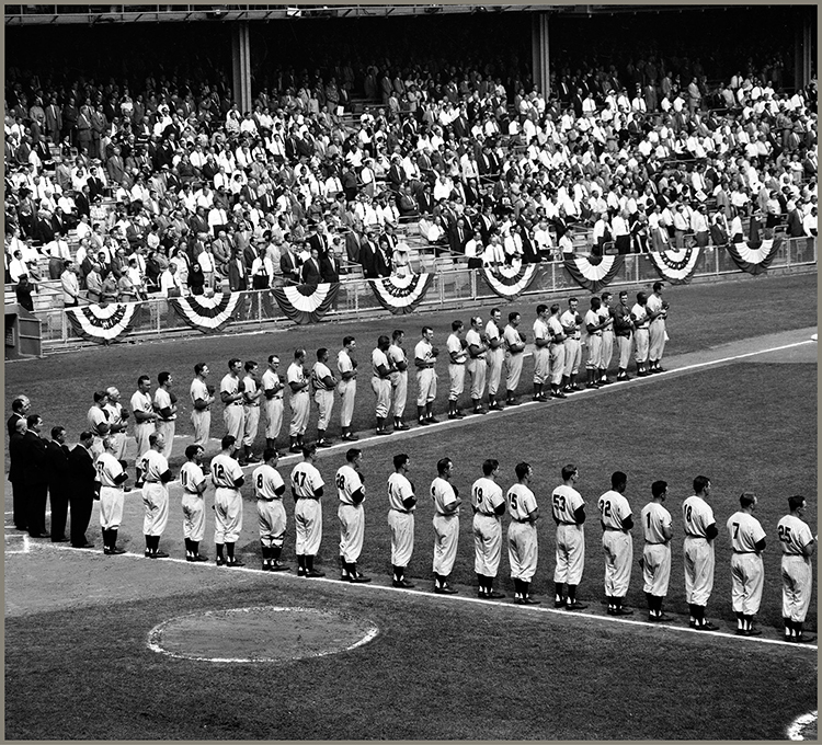 The Brooklyn Dodgers and New York Yankees lined up before the start of a 1955 - photo 7