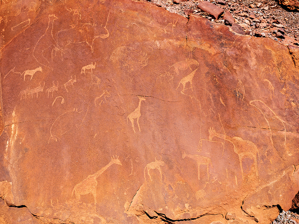 Giraffe petroglyphs cover rock surfaces at the Twyfelfontein site in - photo 6