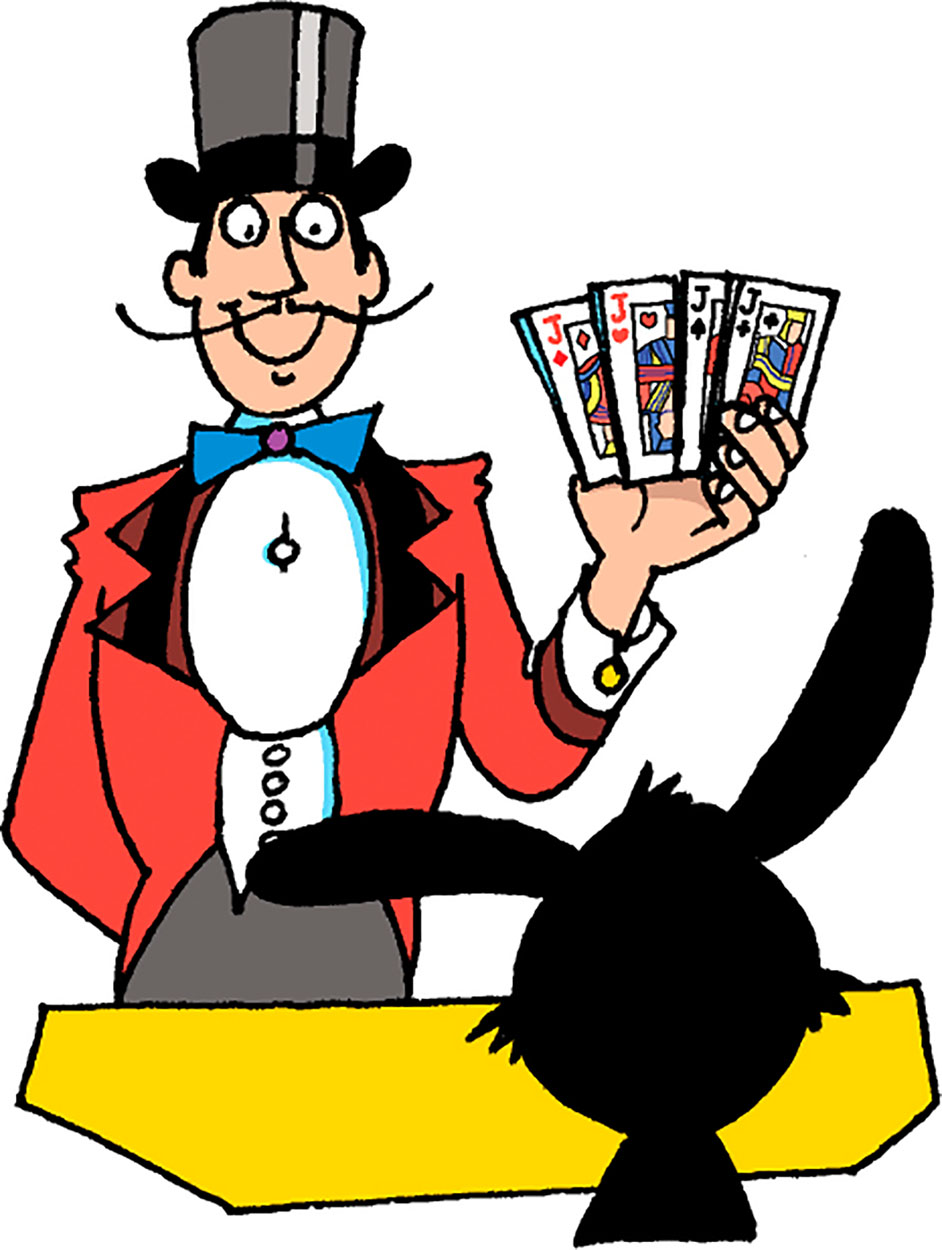 The magician holds up four jacks from a deck of cards with the faces of the - photo 12