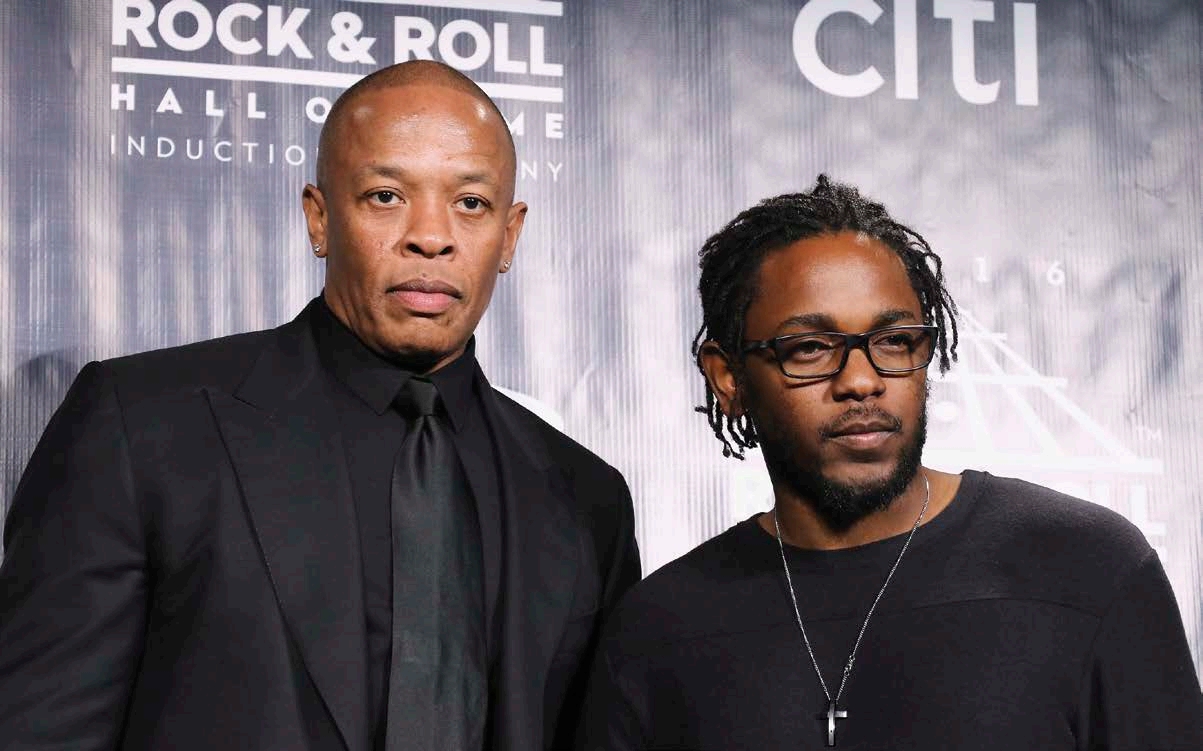 Dr Dre left and Lamar pose at a Rock and Roll Hall of Fame ceremony in - photo 6