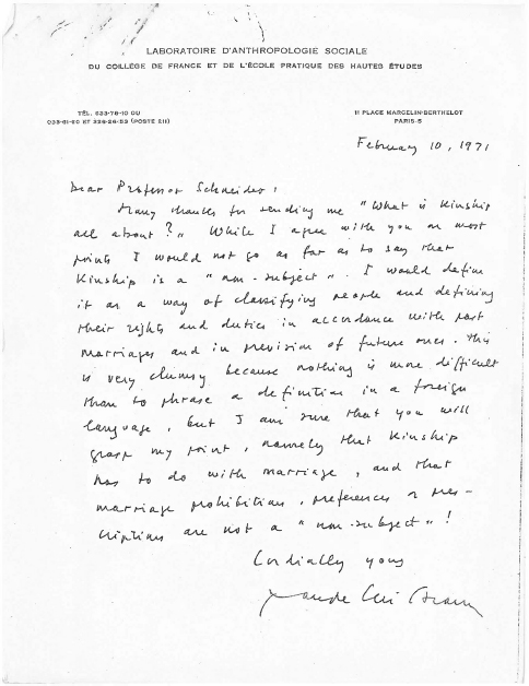 Scan of original correspondence between Claude Levi-Strauss and David Schneider - photo 2