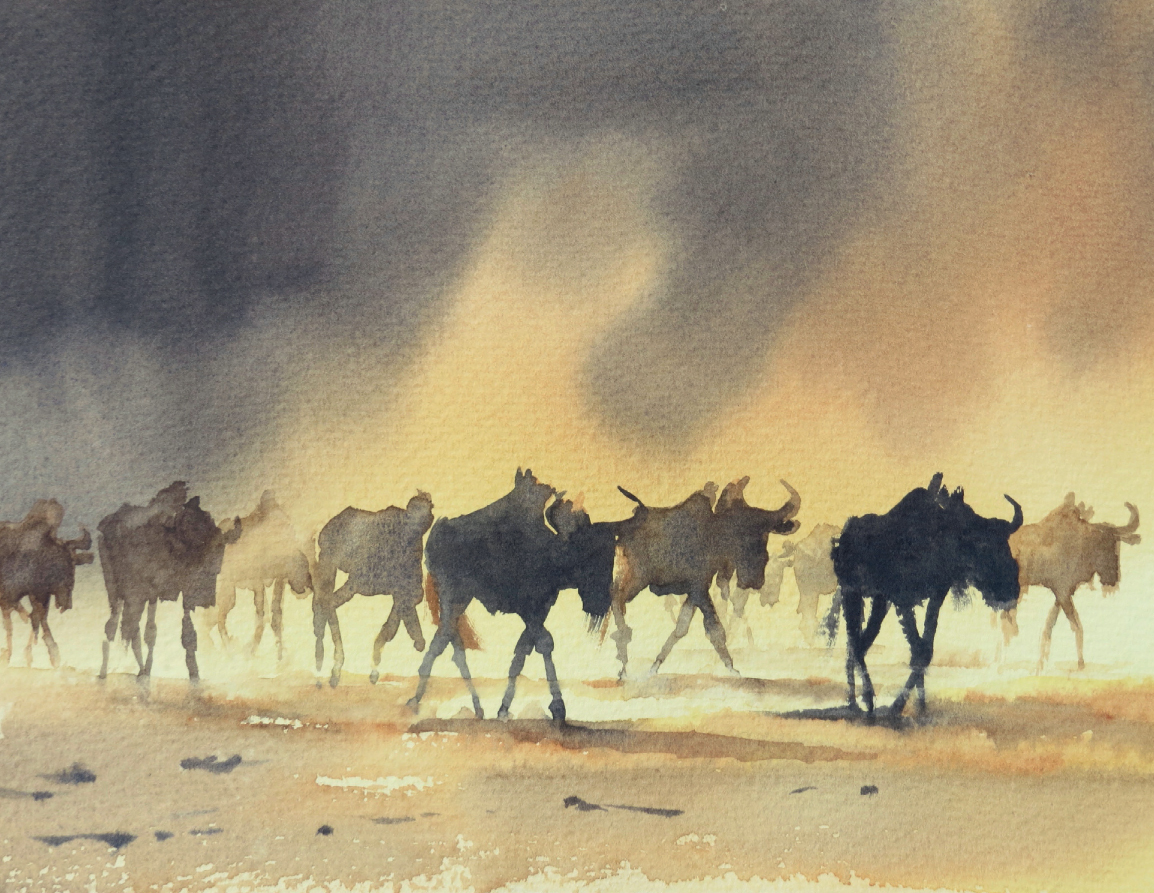 Approaching the Waterhole Watercolour 20 x 28cm8 x 11in Animals in a herd - photo 9