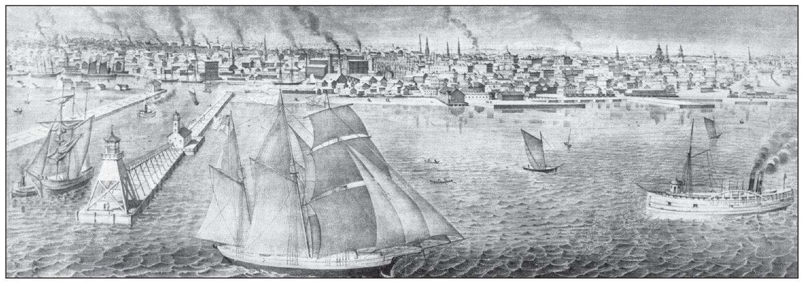 A lithograph shows the Port of Milwaukee around 1870 with piers adjoining the - photo 5