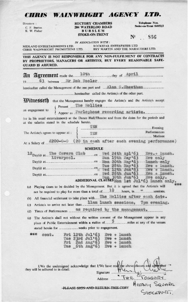 The Hollies 1963 Liverpool Cavern contract for lunchtime and evening - photo 3