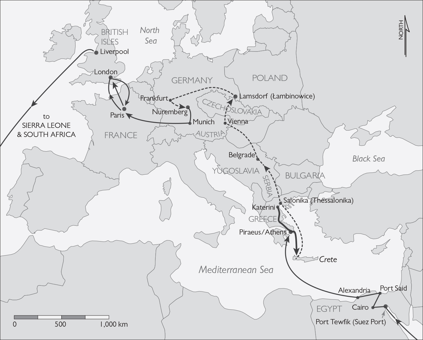 Map of Europe and North Africa 194145 showing Jack Elworthys journey as a - photo 2