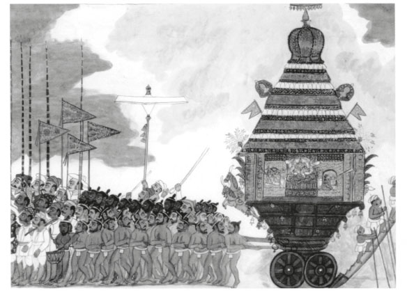 Temple car taken in procession by devotees Painting by unknown Tanjore - photo 2