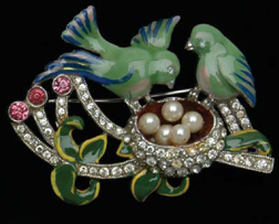 Double bird brooch pot metal and clear and pink rhinestones faux pearls - photo 7