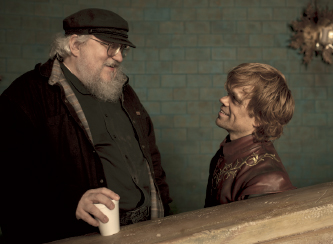 George R R Martin chats up Peter Dinklage on the Eyrie set in Belfast - photo 12