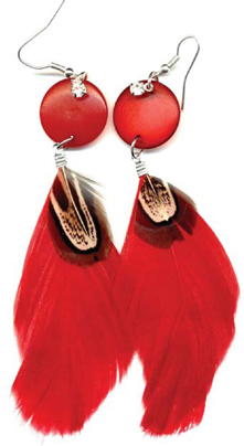 Feather earrings dyed red bird feathers with small peacock feather accent - photo 8