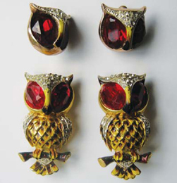 Hoots owl set two fur clips missing Duette brooch mechanism matching owl - photo 3