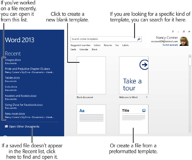 Figure 1-1 The Start screen shown here in Word lets you get right to work - photo 1