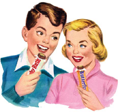 A wholesome boy and girl enjoy candy bars in a Curtiss magazine ad from 1954 - photo 1