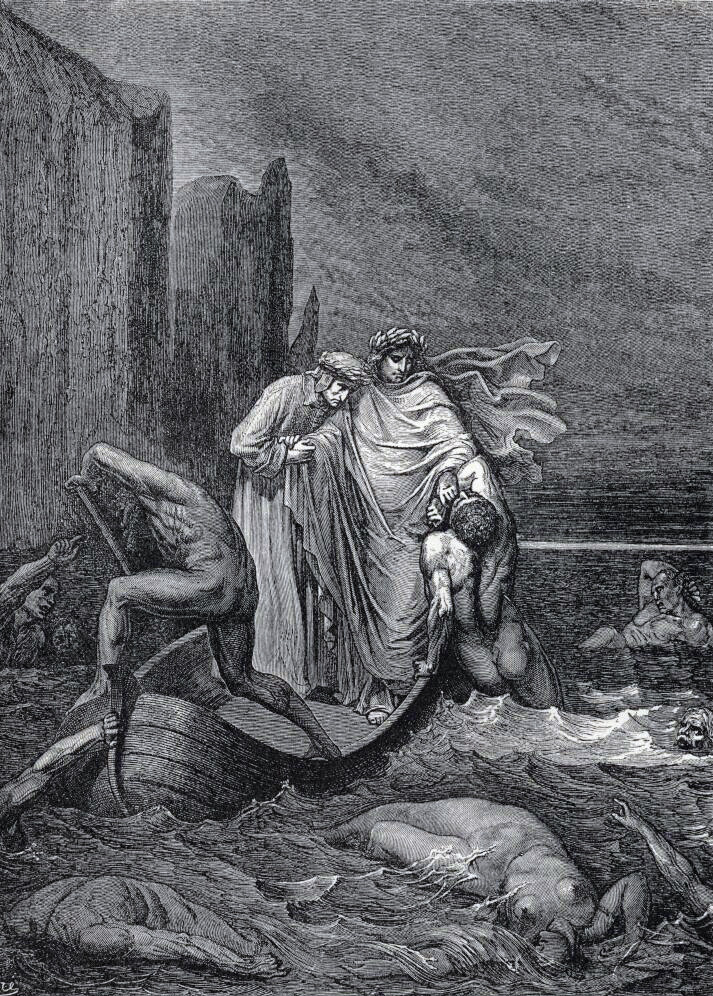 Dante and Virgil crossing the river Styx Engraving from 1870 by Gustave Dore - photo 1