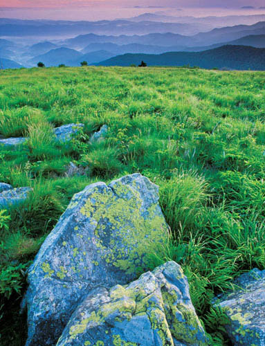 Lichen-covered rocks create an interesting foreground to this early-morning - photo 12