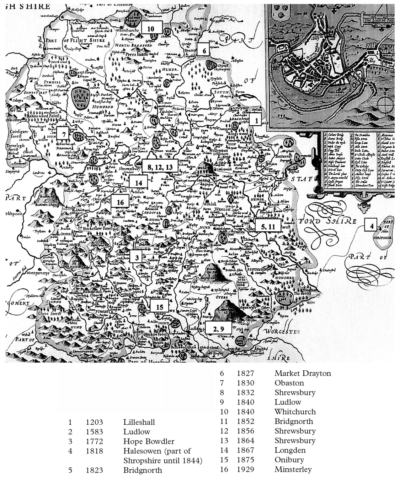 JOHN SPEEDS 1611 MAP OF SHROPSHIRE showing the location and date of cases - photo 3