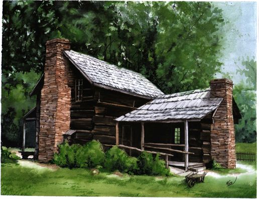 SMOKEY MOUNTAIN FARM HOUSE 8 11 22cm 28cm Watercolor textured with a glass - photo 4