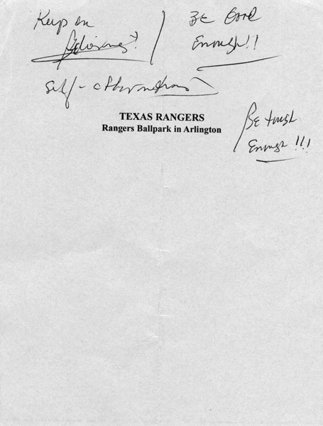 The back of the Rangers lineup card where I wrote down reminders about how we - photo 2