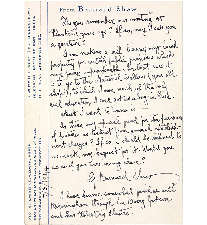 Postcard from George Bernard Shaw to Thomas Bodkin 7 March 1944 Photo National - photo 3