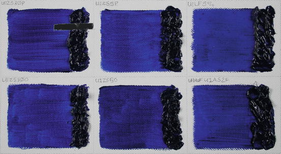 Fig 1 Test paint samples comprising ultramarine oil varying concentrations - photo 1