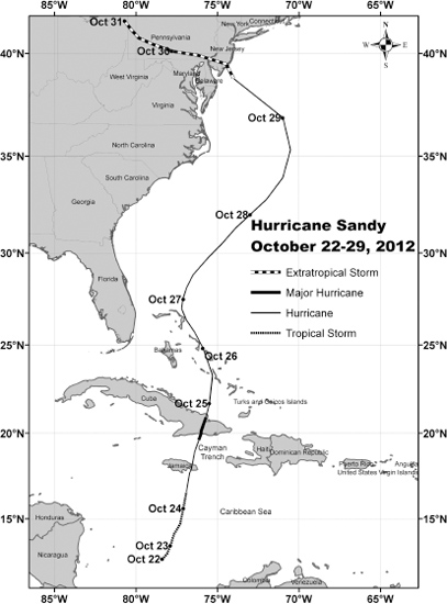 Map showing the track of Hurricane Sandy starting from the time it was named - photo 2