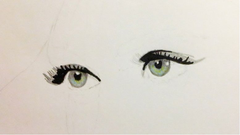 With dark grey pencil draw the upper eyelids and the parts of the irises - photo 10