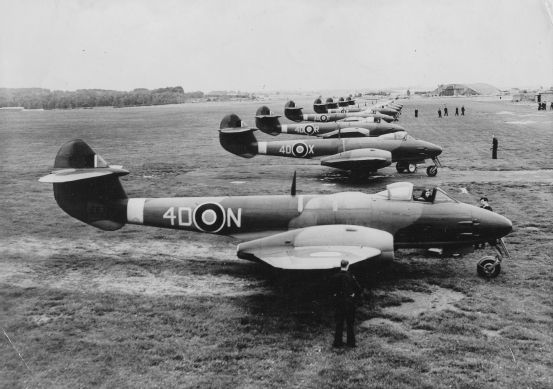 A line-up of Meteor F3s of 74 Squadron Note the jet blast marks on the grass - photo 12