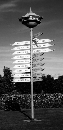 Signpost at Christchurch New Zealand with mileage to London in both - photo 2