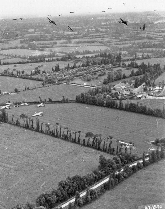 RAF C-47 Dakota aircraft turning away after releasing their gliders Horsa and - photo 2