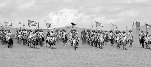 Mongolian soldiers re-enact the advance of a Mongol jaghun unit In the center - photo 8