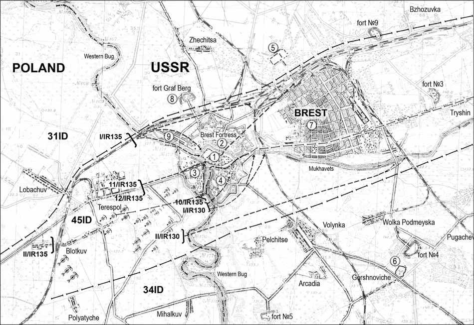 Map 1 The Brest Fortress The array of opposing forces and the 45th IDs plan - photo 1